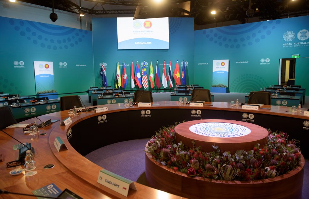 ASEAN-Australia Leaders Plenary Opening Remarks Room set up at the Leaders Summit Plenary at the ASEAN in Australia Special Summit in Sydney, Saturday, March 18, 2018. Photograph by Irene Dowdy/ ASEANinAus